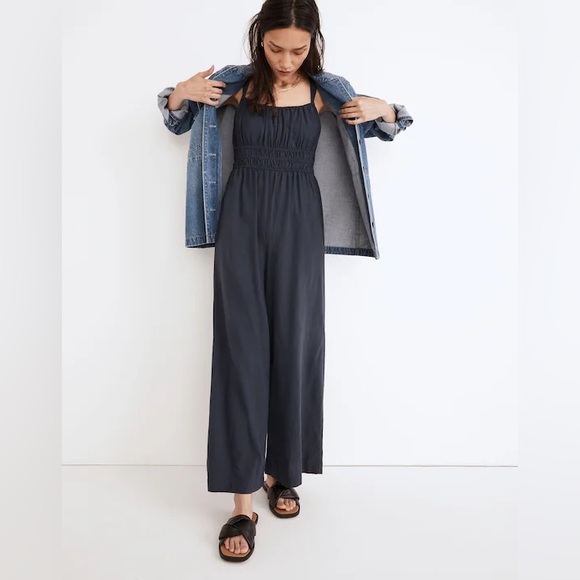 Madewell Pants - Madewell Navy Blue Linen-Blend Sophie Tank Wide-Leg Jumpsuit Size XS